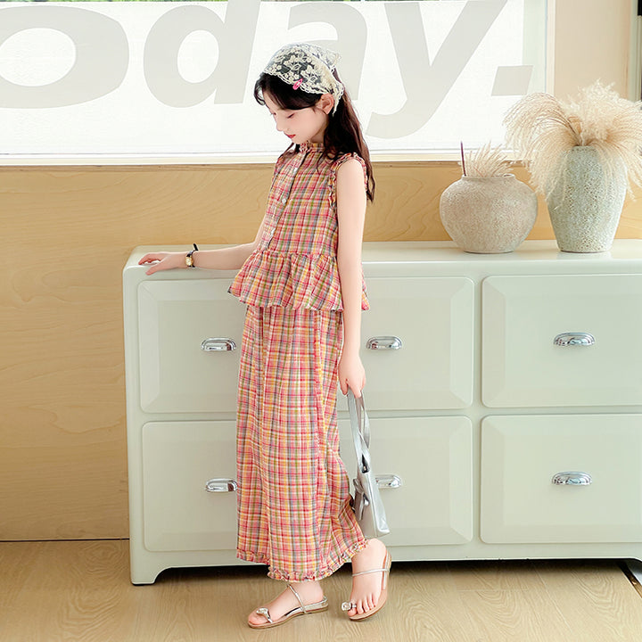 Girls Checked Pure Cotton Mandarin Collar Top With Palazzos