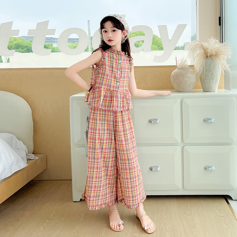 Girls Checked Pure Cotton Mandarin Collar Top With Palazzos