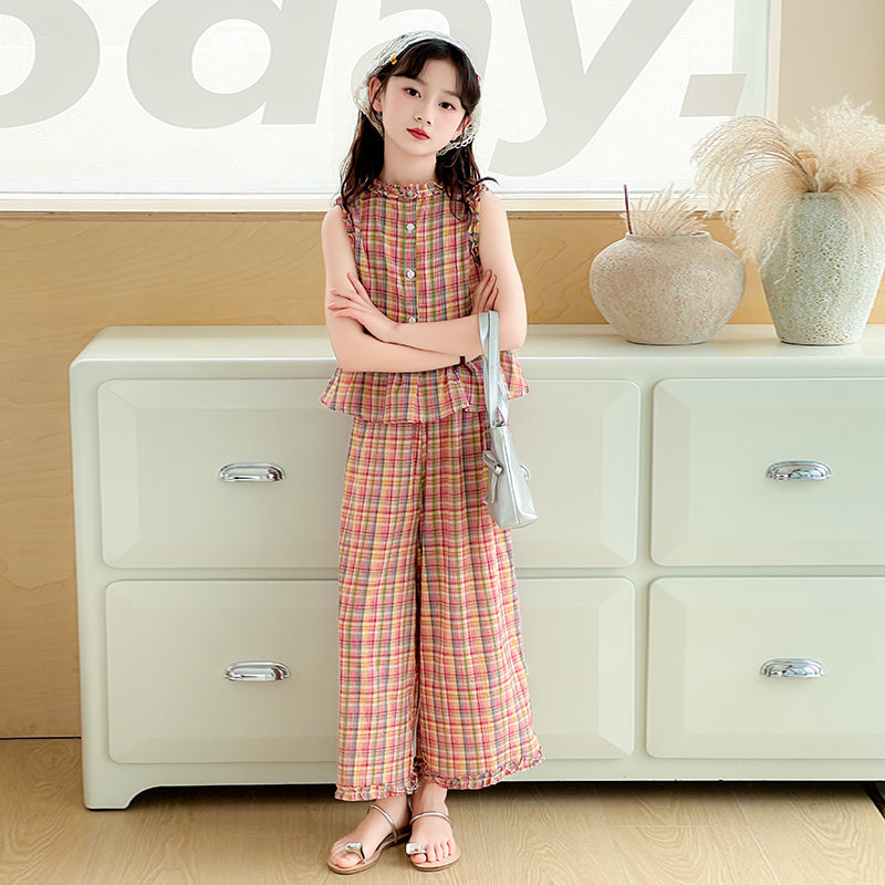 Girls Checked Pure Cotton Mandarin Collar Top With Palazzos