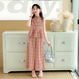 Girls Checked Pure Cotton Mandarin Collar Top With Palazzos