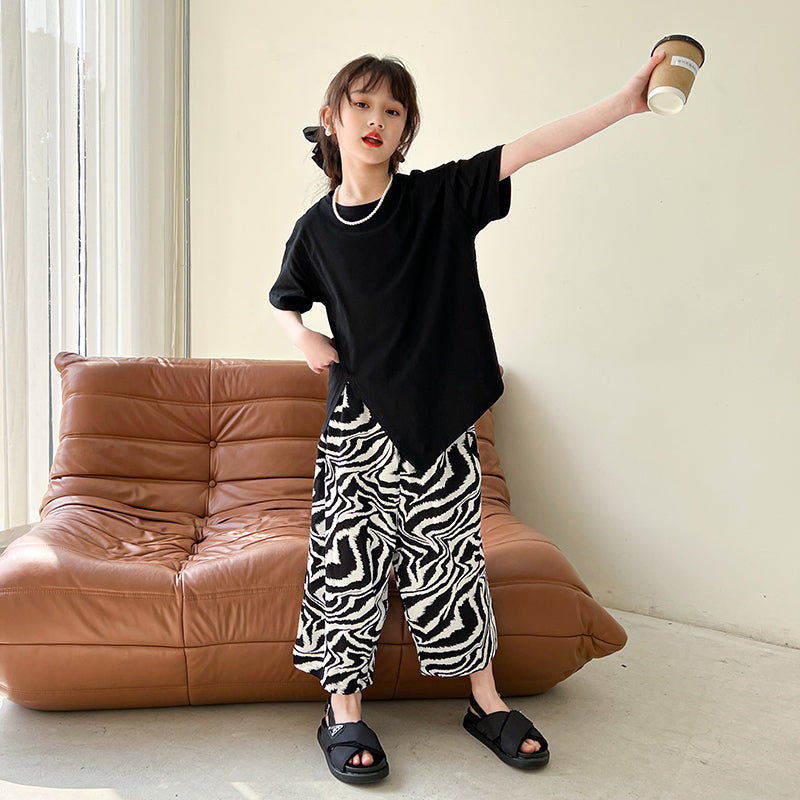 Girls Round Neck Pure Cotton T-shirt With Trousers