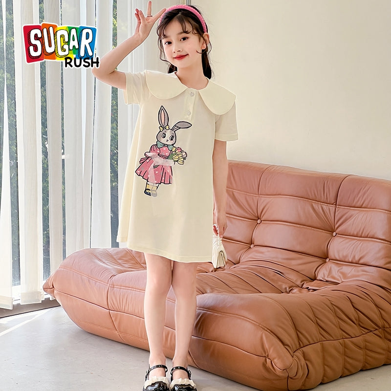 Girl's Graphic A-Line Peter Pan Collar Knee Length Dress With Applique