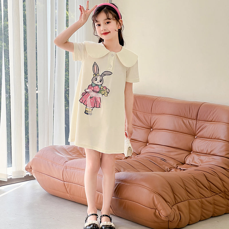 Girl's Graphic A-Line Peter Pan Collar Knee Length Dress With Applique