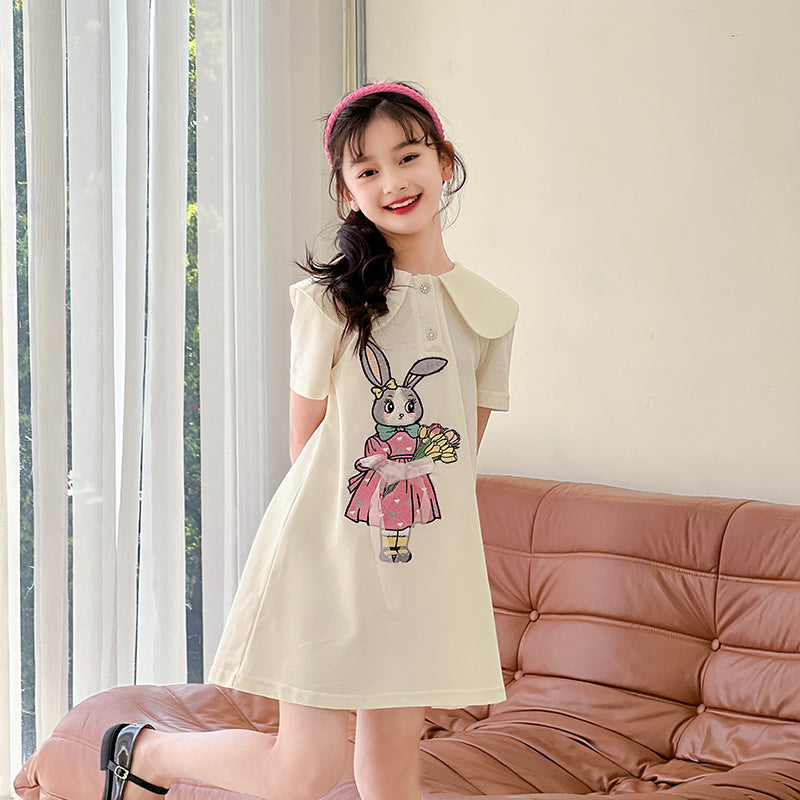 Girl's Graphic A-Line Peter Pan Collar Knee Length Dress With Applique