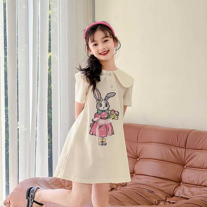 Girl's Graphic A-Line Peter Pan Collar Knee Length Dress With Applique