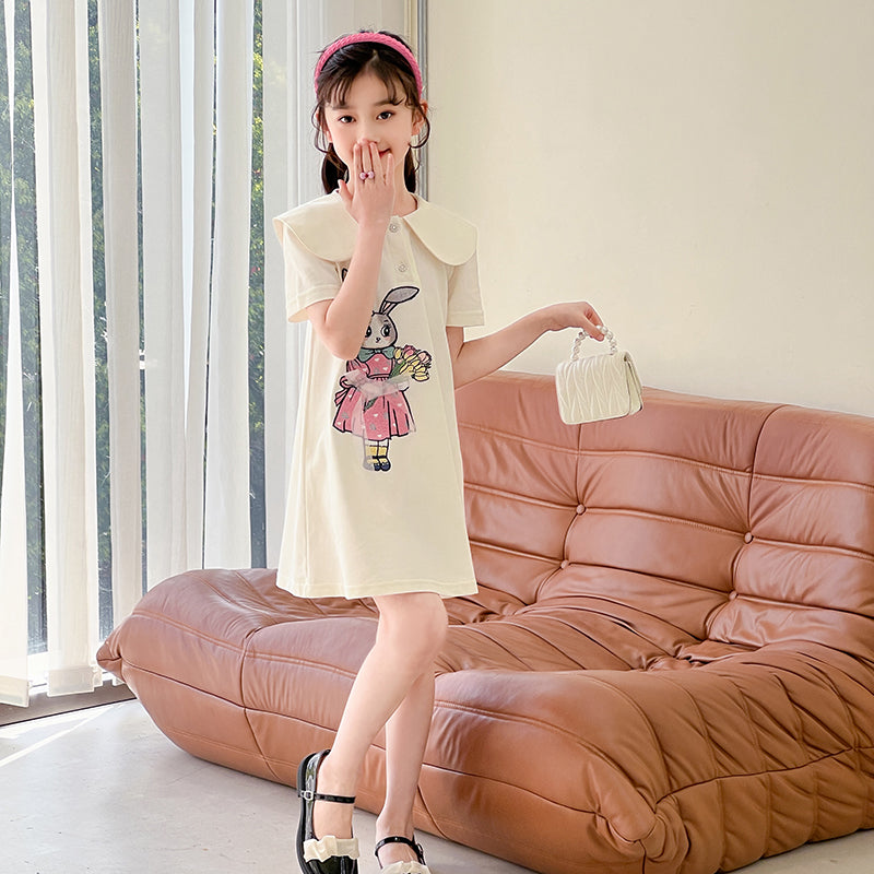 Girl's Graphic A-Line Peter Pan Collar Knee Length Dress With Applique