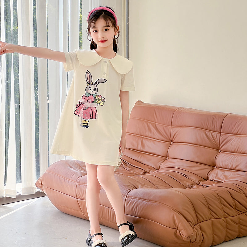 Girl's Graphic A-Line Peter Pan Collar Knee Length Dress With Applique