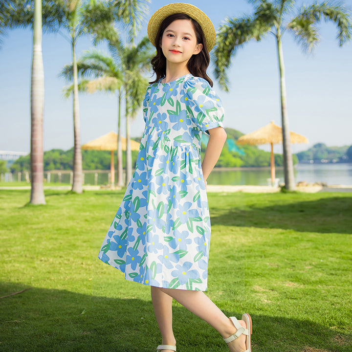 Floral Printed Puff Sleeves Fit and Flare Dress