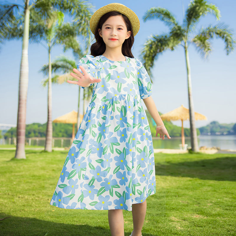 Floral Printed Puff Sleeves Fit and Flare Dress