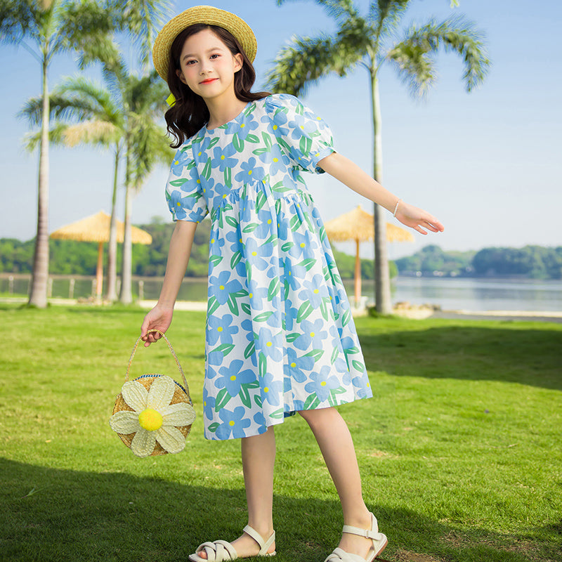 Floral Printed Puff Sleeves Fit and Flare Dress
