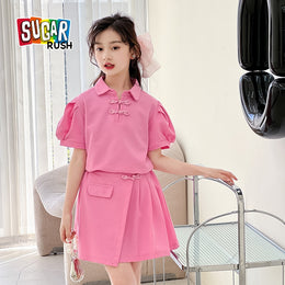 Girls Shirt Collar Pure Cotton Top With Skirt