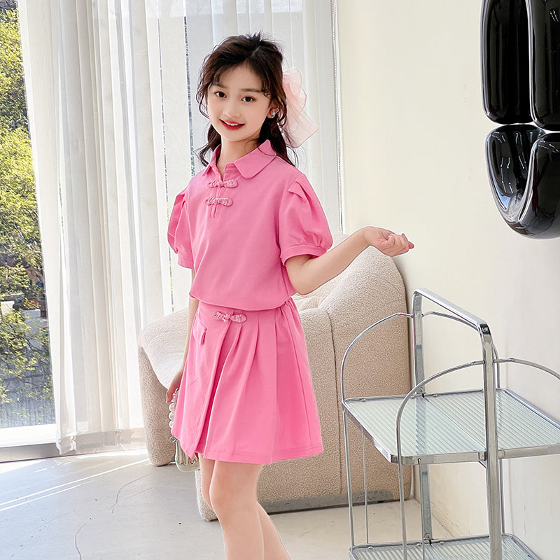 Girls Shirt Collar Pure Cotton Top With Skirt