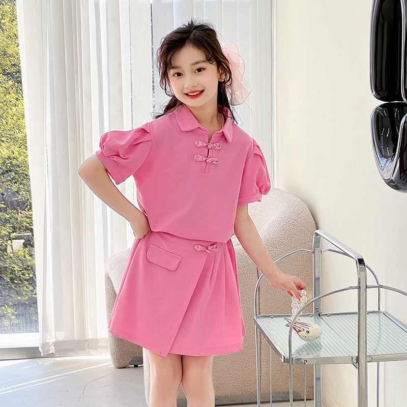 Girls Shirt Collar Pure Cotton Top With Skirt
