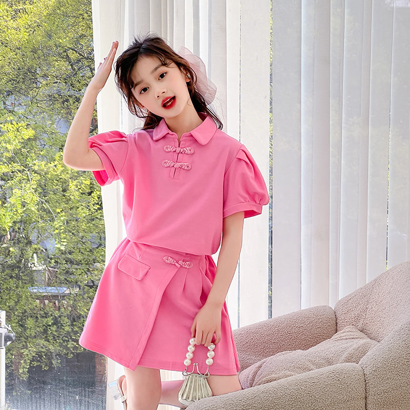 Girls Shirt Collar Pure Cotton Top With Skirt