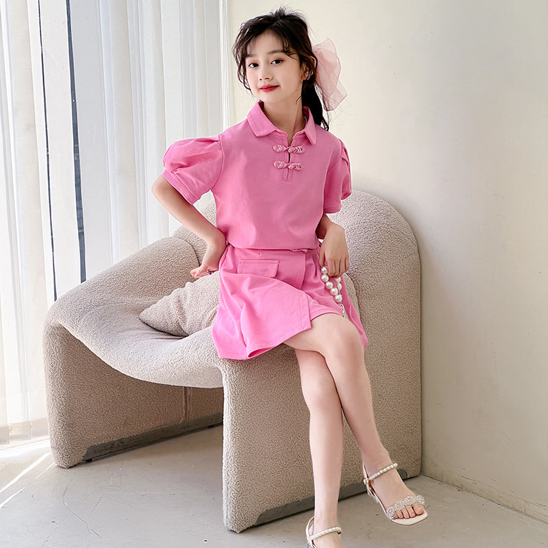 Girls Shirt Collar Pure Cotton Top With Skirt