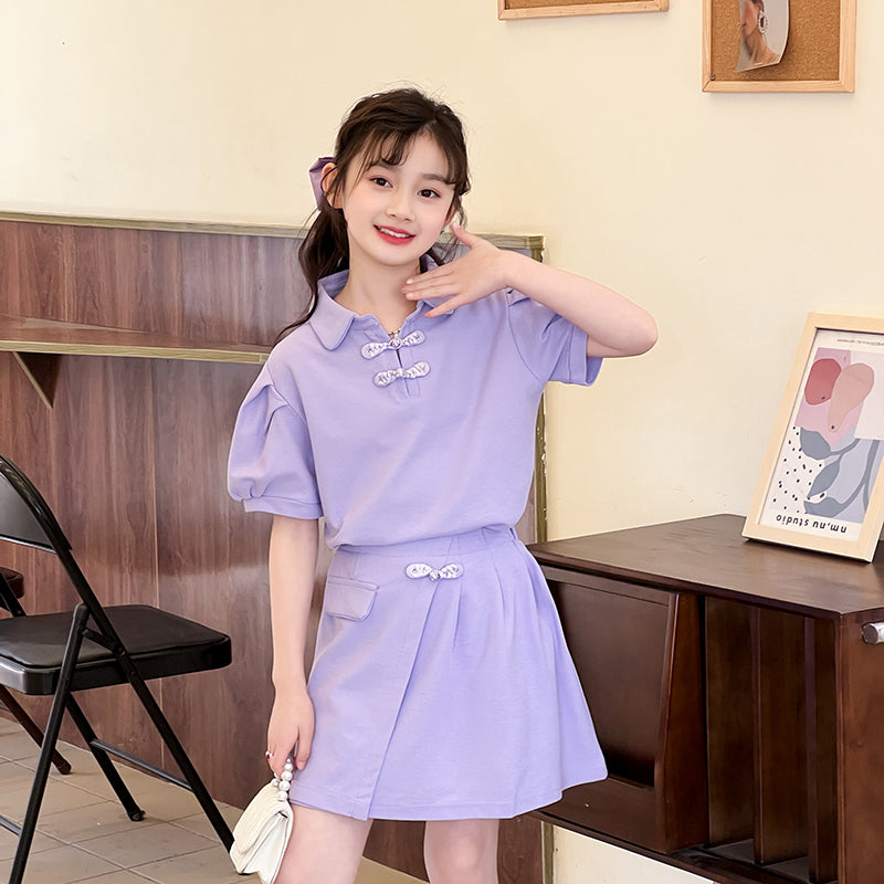 Girls Shirt Collar Top With Skirt