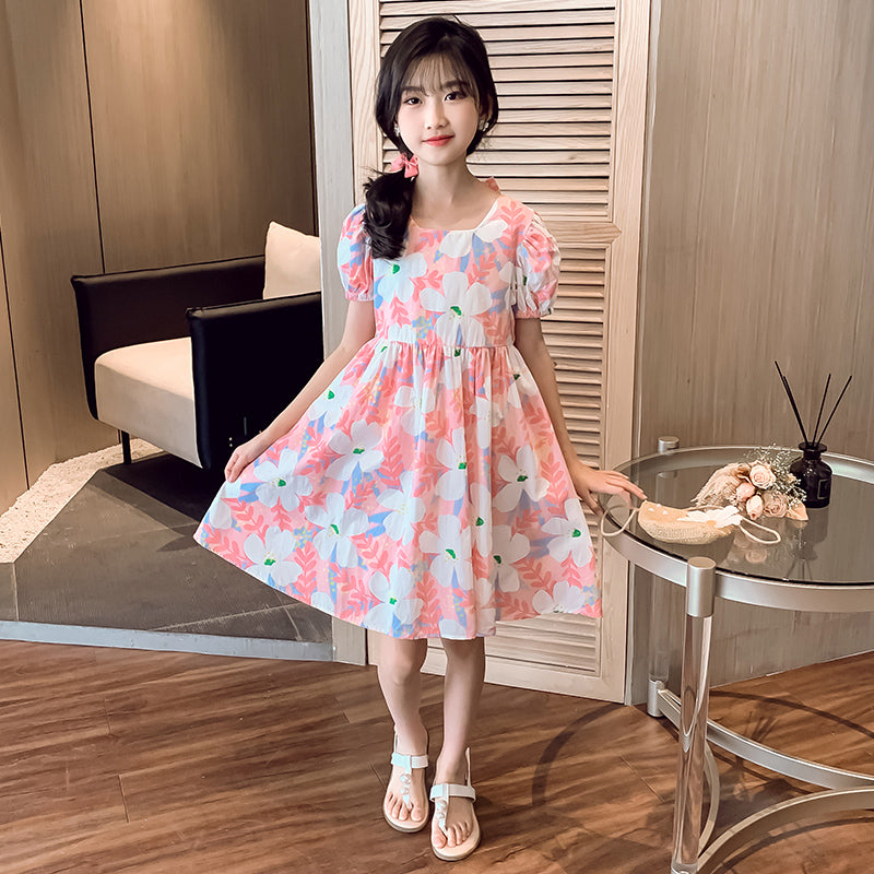 Girls Floral Print Knee Length Fit and Flare Dress