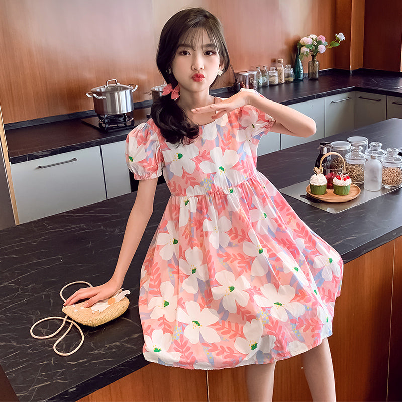 Girls Floral Print Knee Length Fit and Flare Dress