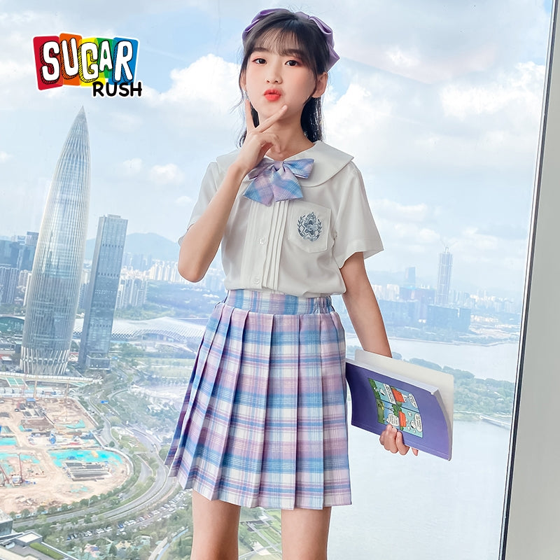 Girls Shirt Collar Pure Cotton Top with Skirt