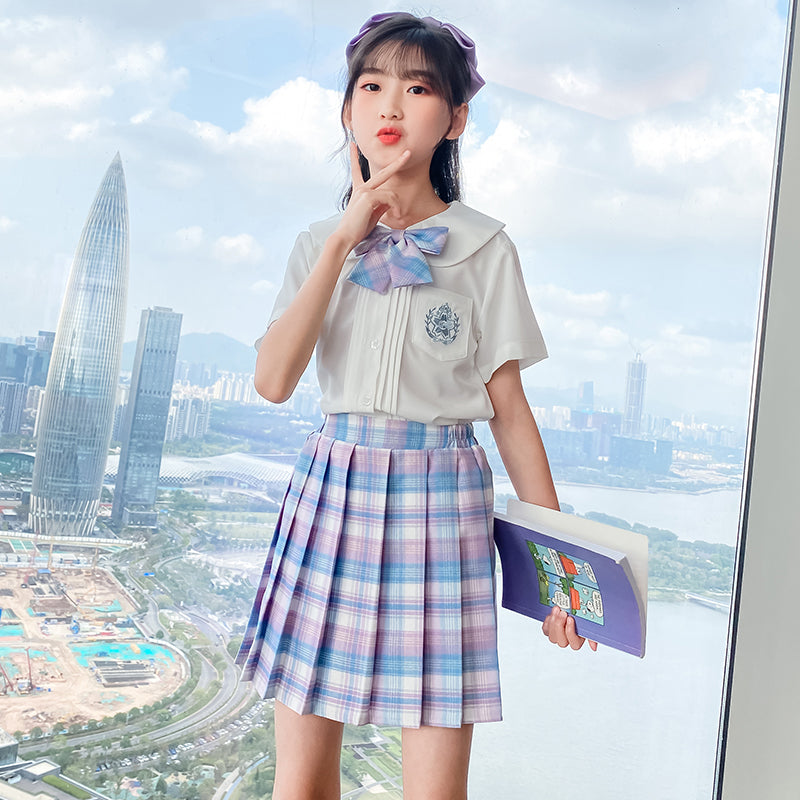 Girls Shirt Collar Pure Cotton Top with Skirt