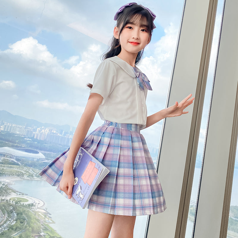 Girls Shirt Collar Pure Cotton Top with Skirt