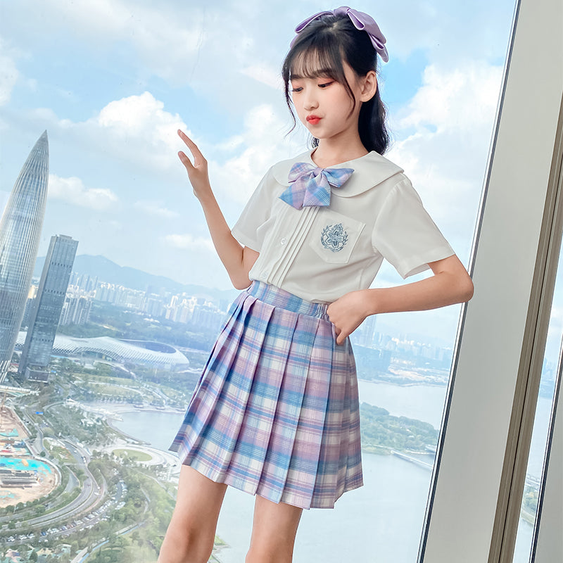 Girls Shirt Collar Pure Cotton Top with Skirt