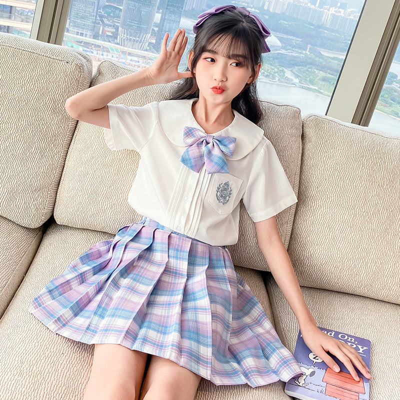 Girls Shirt Collar Pure Cotton Top with Skirt