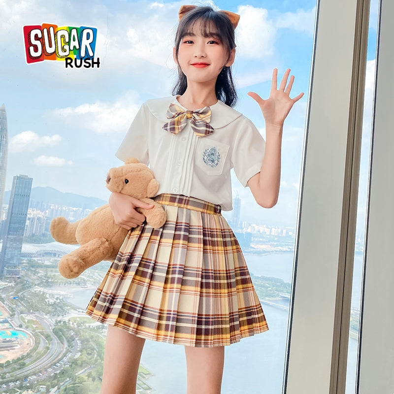 Girls Shirt Collar Pure Cotton Top With Skirt