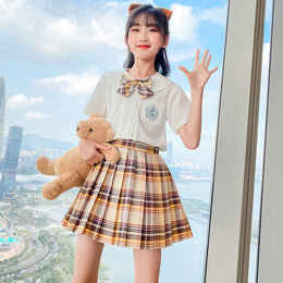 Girls Shirt Collar Pure Cotton Top With Skirt