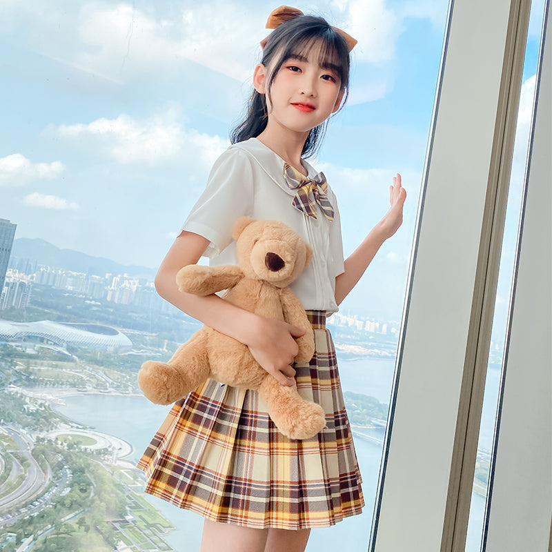 Girls Shirt Collar Pure Cotton Top With Skirt