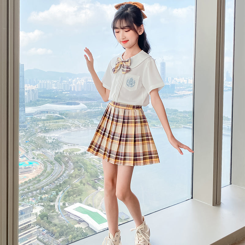 Girls Shirt Collar Pure Cotton Top With Skirt