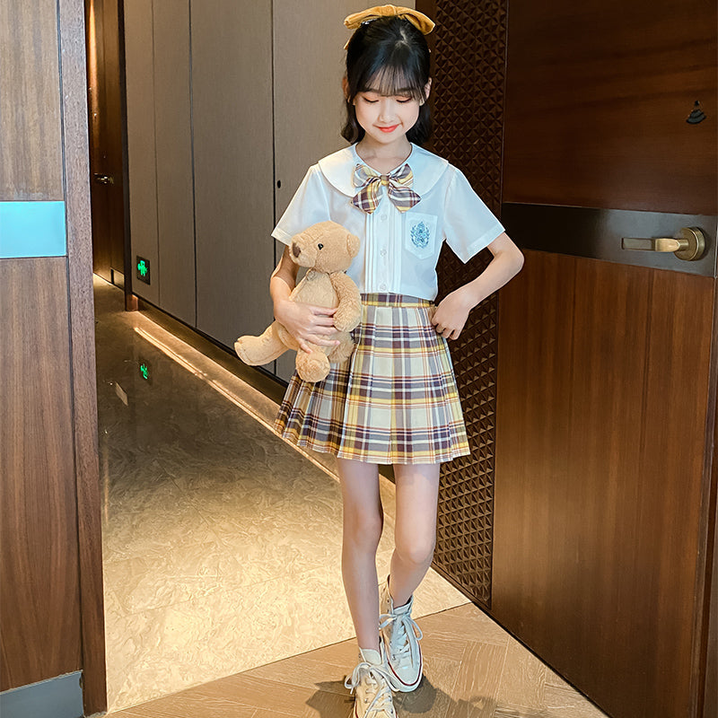 Girls Shirt Collar Pure Cotton Top With Skirt