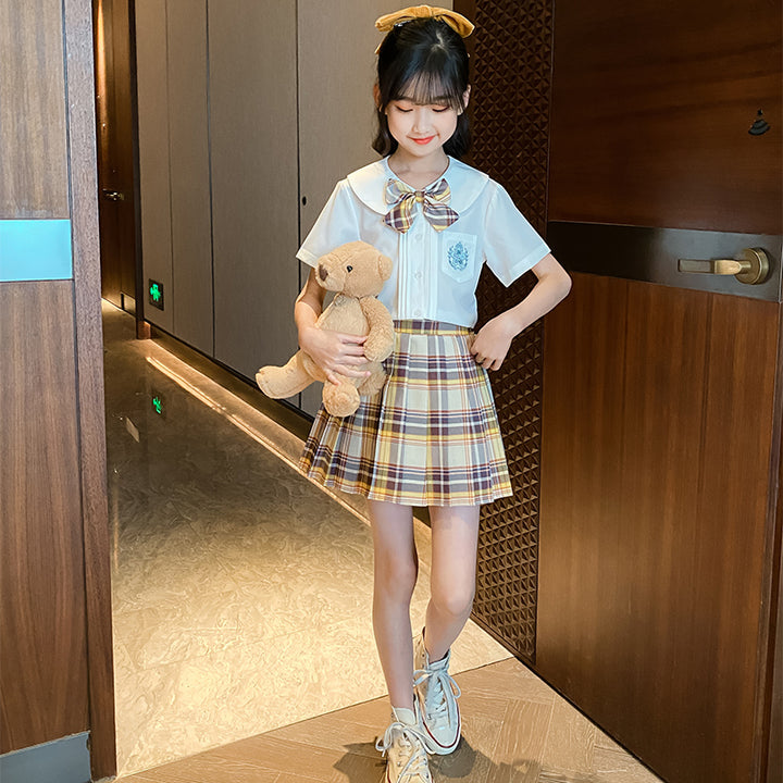Girls Shirt Collar Pure Cotton Top With Skirt