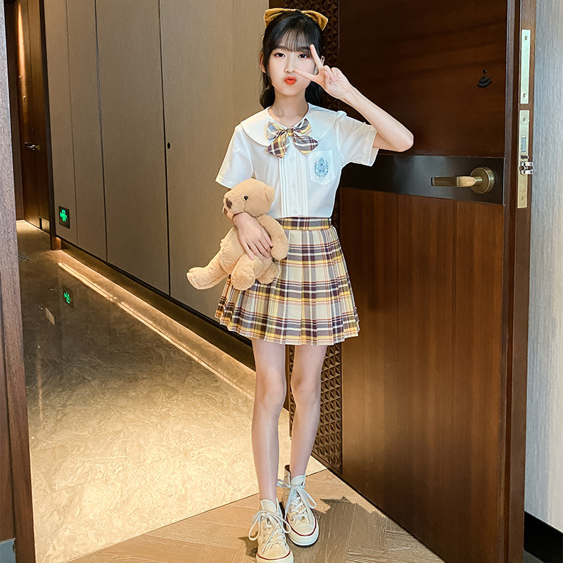 Girls Shirt Collar Pure Cotton Top With Skirt