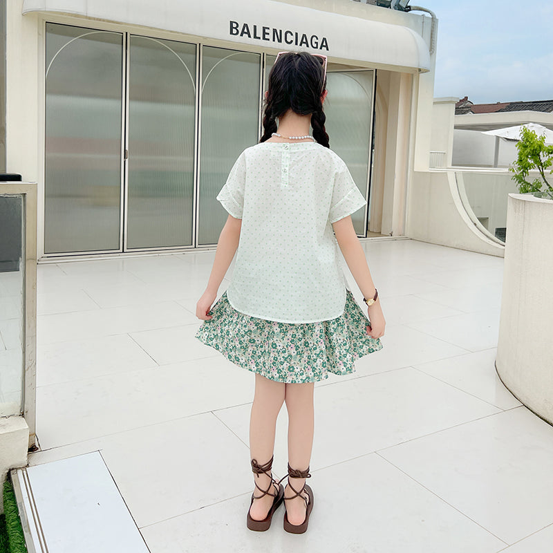 Girls Polka Dot Printed Pure Cotton T-shirt With Skirt