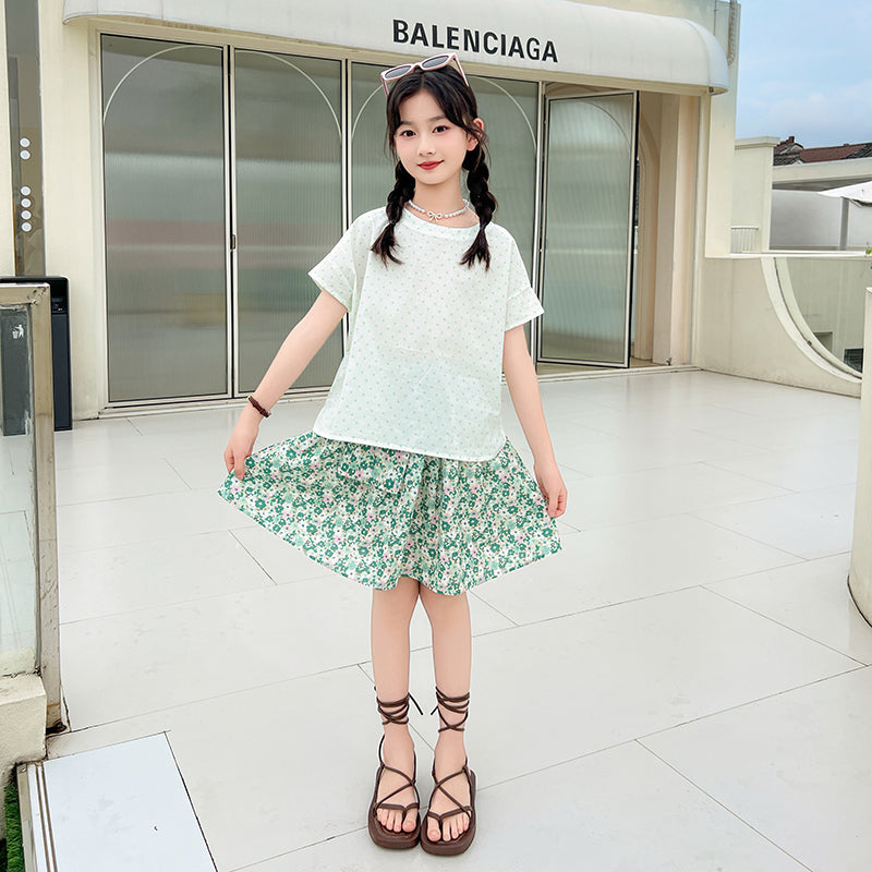 Girls Polka Dot Printed Pure Cotton T-shirt With Skirt