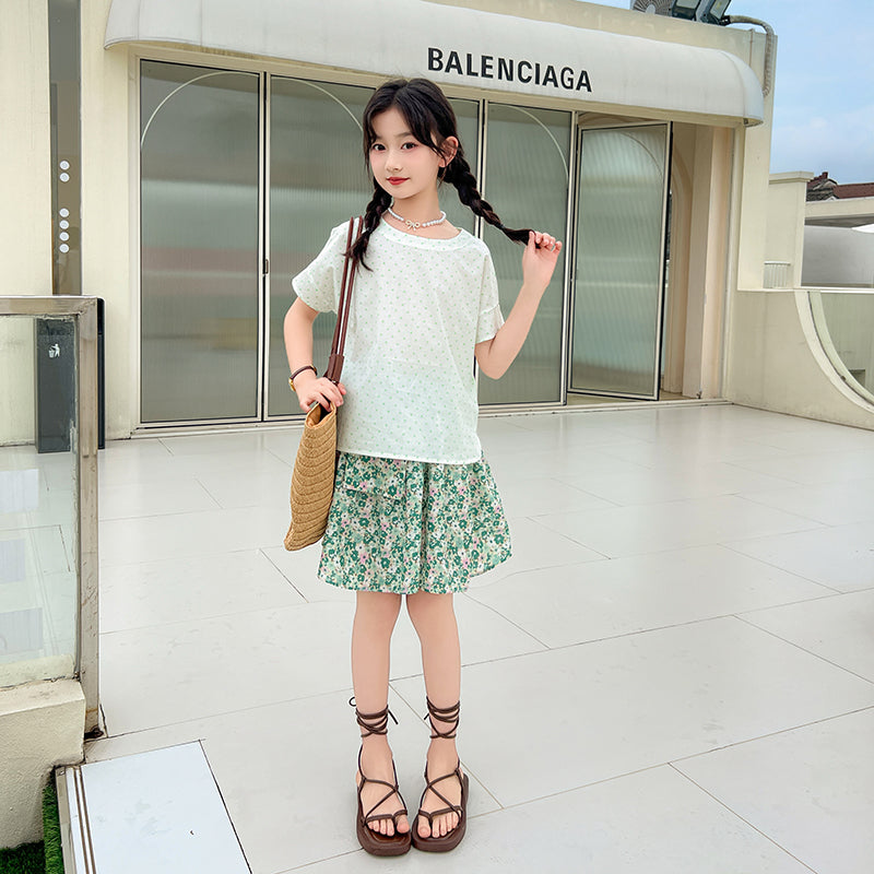 Girls Polka Dot Printed Pure Cotton T-shirt With Skirt