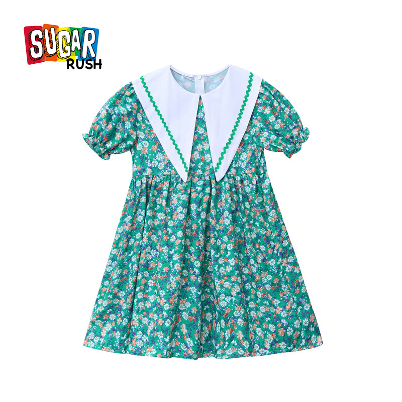 Girls Green & White Floral Printed Peter Pan Collar Puff Sleeve A-Line Dress