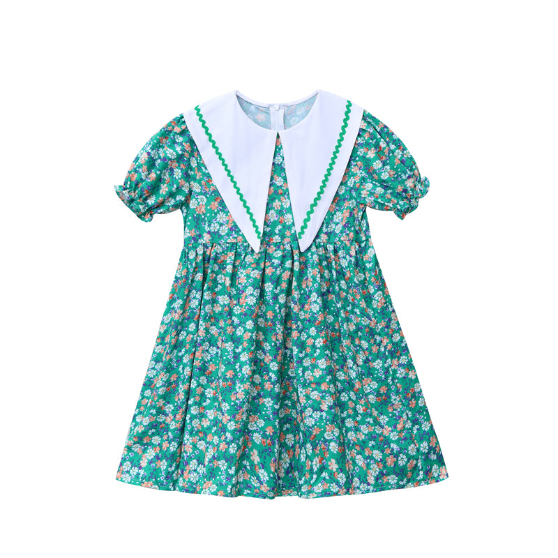 Girls Green & White Floral Printed Peter Pan Collar Puff Sleeve A-Line Dress