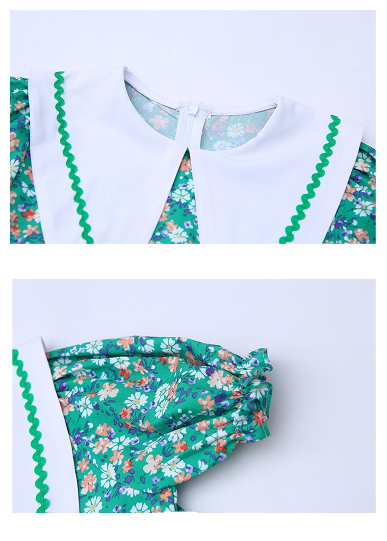 Girls Green & White Floral Printed Peter Pan Collar Puff Sleeve A-Line Dress