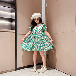Girls Green & White Floral Printed Peter Pan Collar Puff Sleeve A-Line Dress