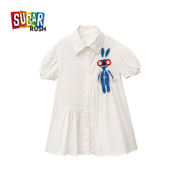 Girls White Puff Sleeve Cotton Shirt Dress