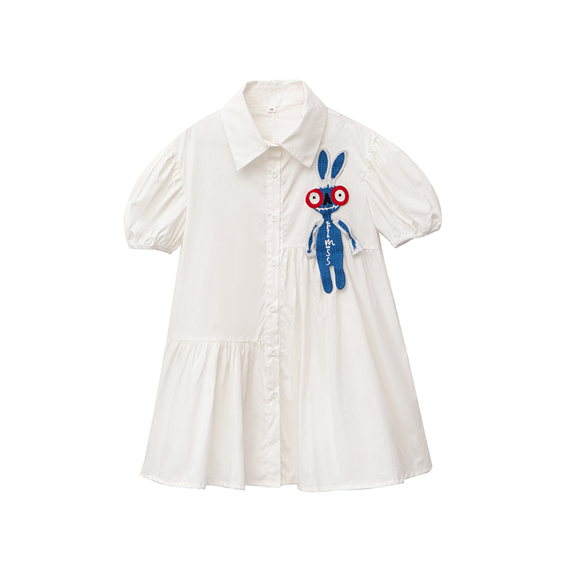 Girls White Puff Sleeve Cotton Shirt Dress