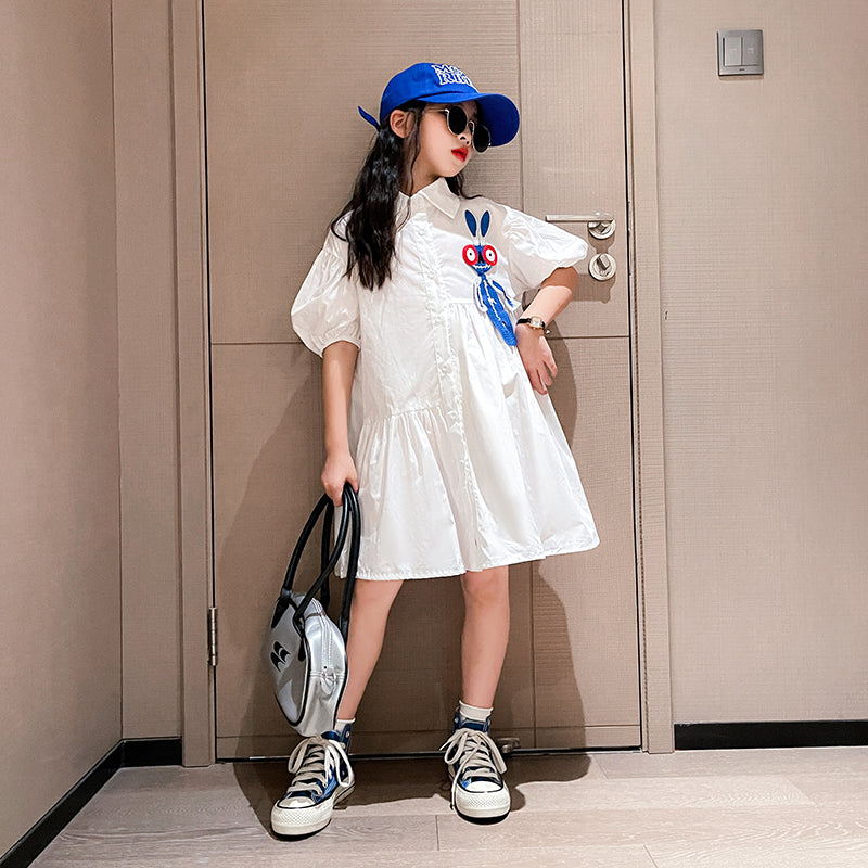 Girls White Puff Sleeve Cotton Shirt Dress