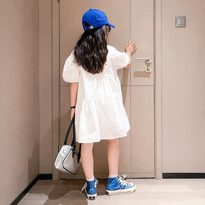 Girls White Puff Sleeve Cotton Shirt Dress