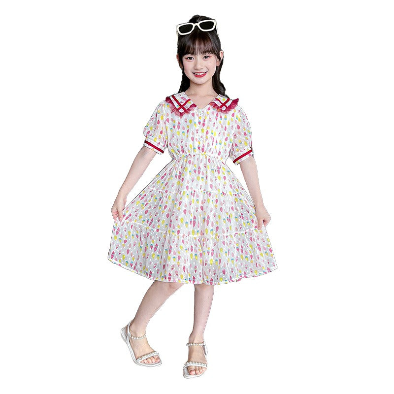 Girls Geometric Printed Shirt Collar Gathered Detail A-Line Dress