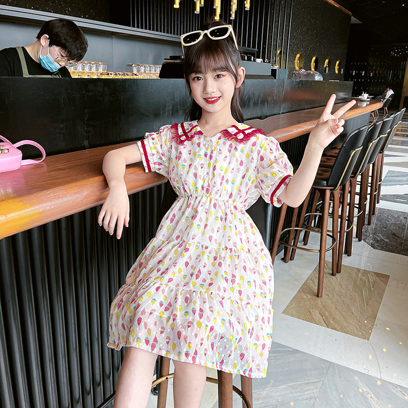 Girls Geometric Printed Shirt Collar Gathered Detail A-Line Dress