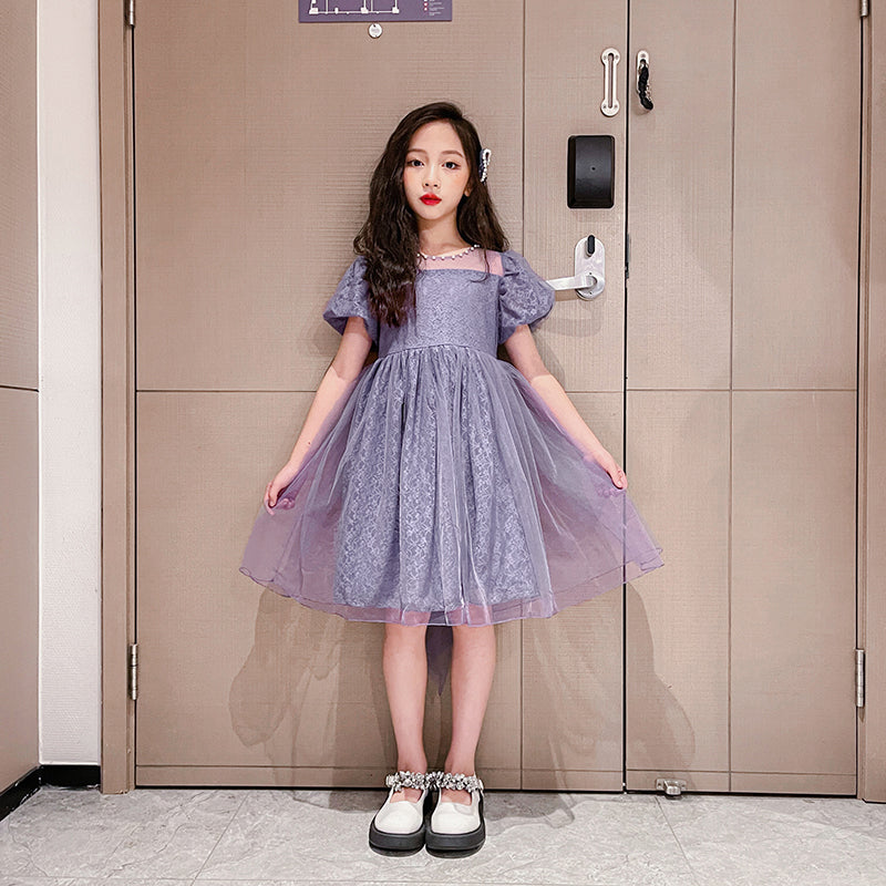 Girls Purple V-Neck Self Design Fit & Flare Dress
