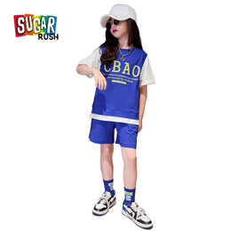 Girls Round Neck Short Sleeves Colourblocked Top with Shorts