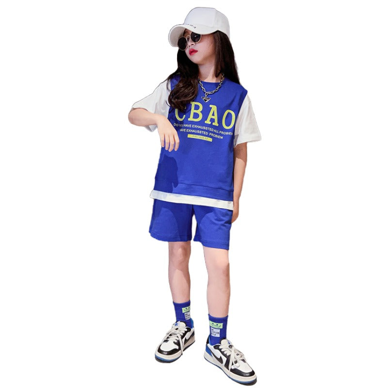 Girls Round Neck Short Sleeves Colourblocked Top with Shorts